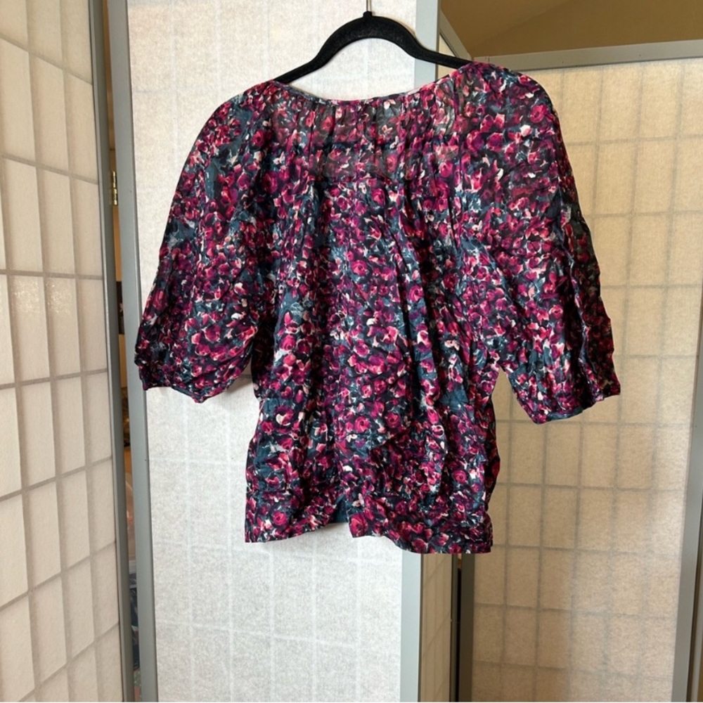 AnthropologieSheer Pink and Purple Puff Sleeve Blouse